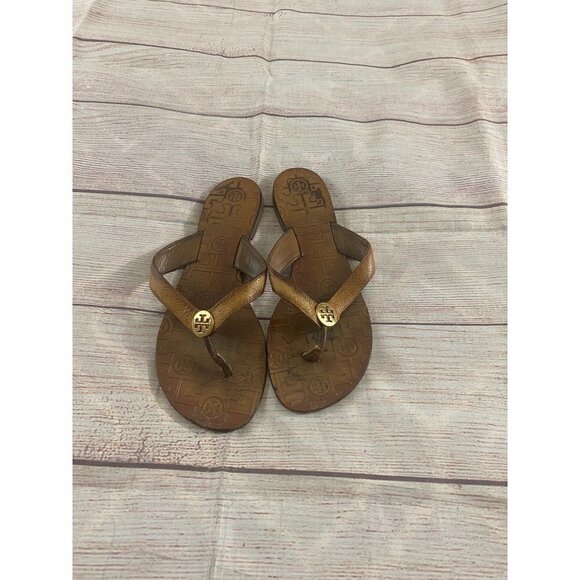 Tory Burch Thora Monogrammed Brown Leather Sandals - 9 - Picture 2 of 11